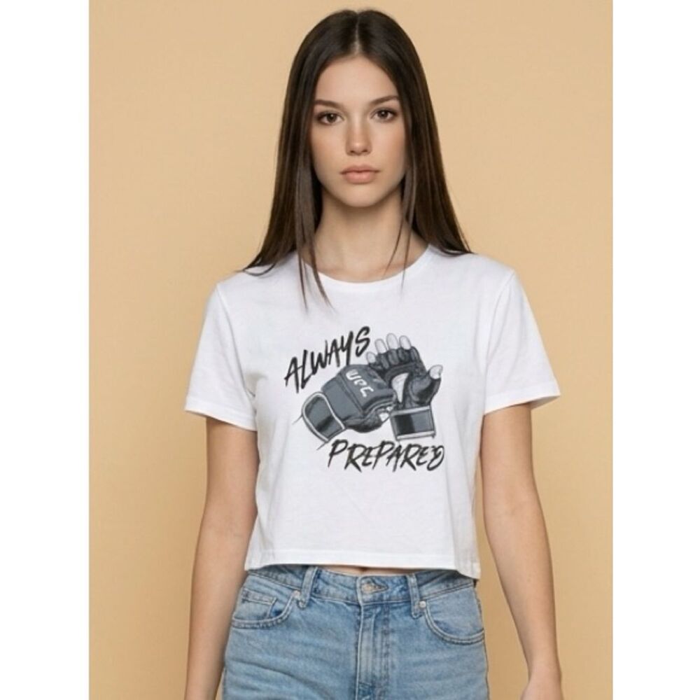 NWT UFC Women’s White Short Sleeve Graphic Crop Top “Always Prepared” - Size L